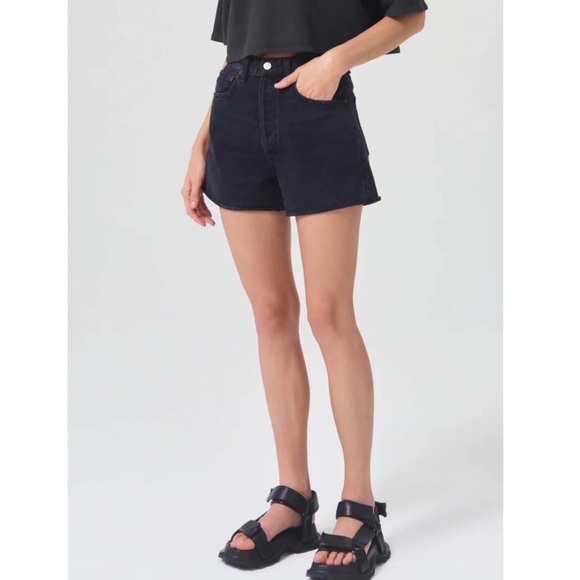 Agolde Black Dee high rise rolled hem shorts Dark Denim Jean Shorts size 31 - Picture 1 of 6